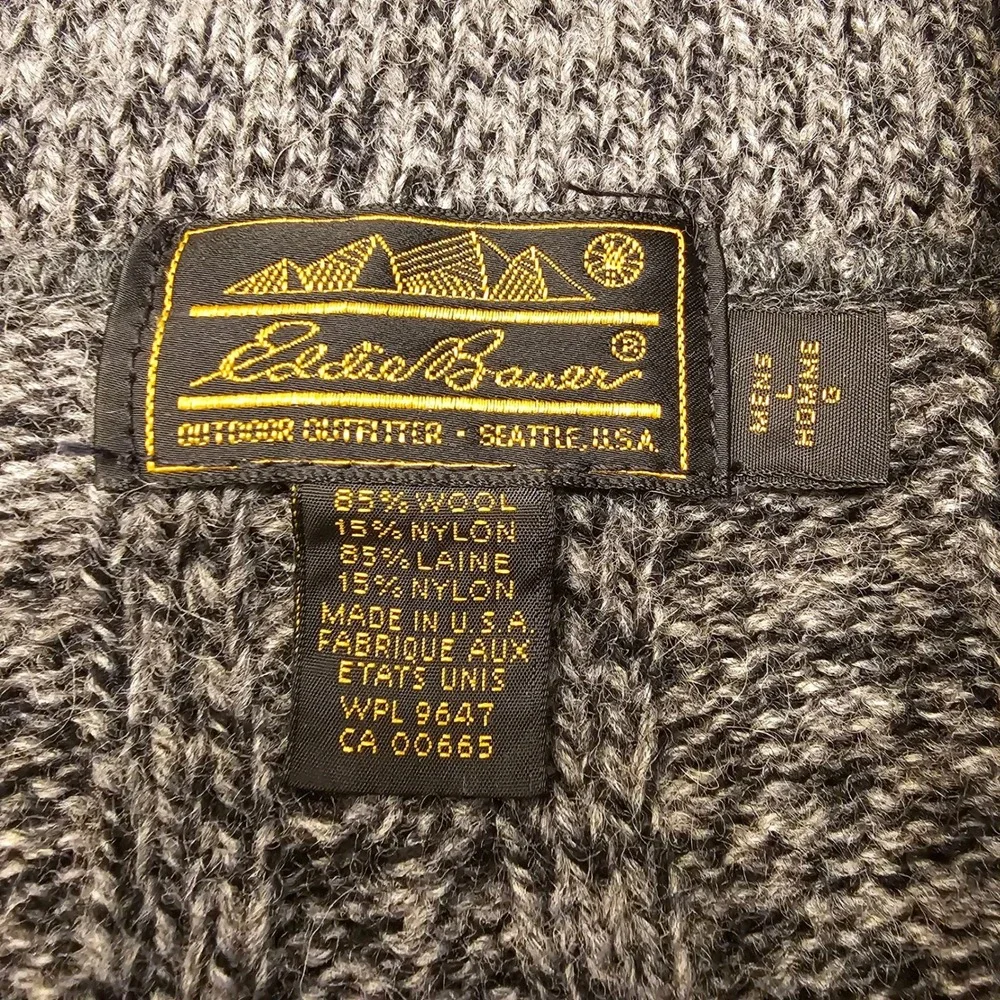 Eddie Bauer Vintage Mens Wool CableKnit Cardigan Shawl Collar Elbow Patch Grey L